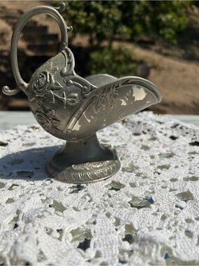 Ornate Floral Pewter Sugar Boat